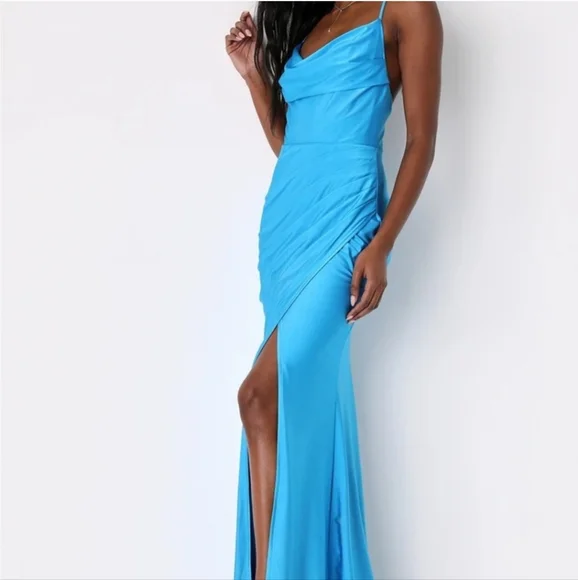 Lulus Attention Seeker Bright Blue Cowl Neck Maxi Dress. Size M - Picture 2 of 9